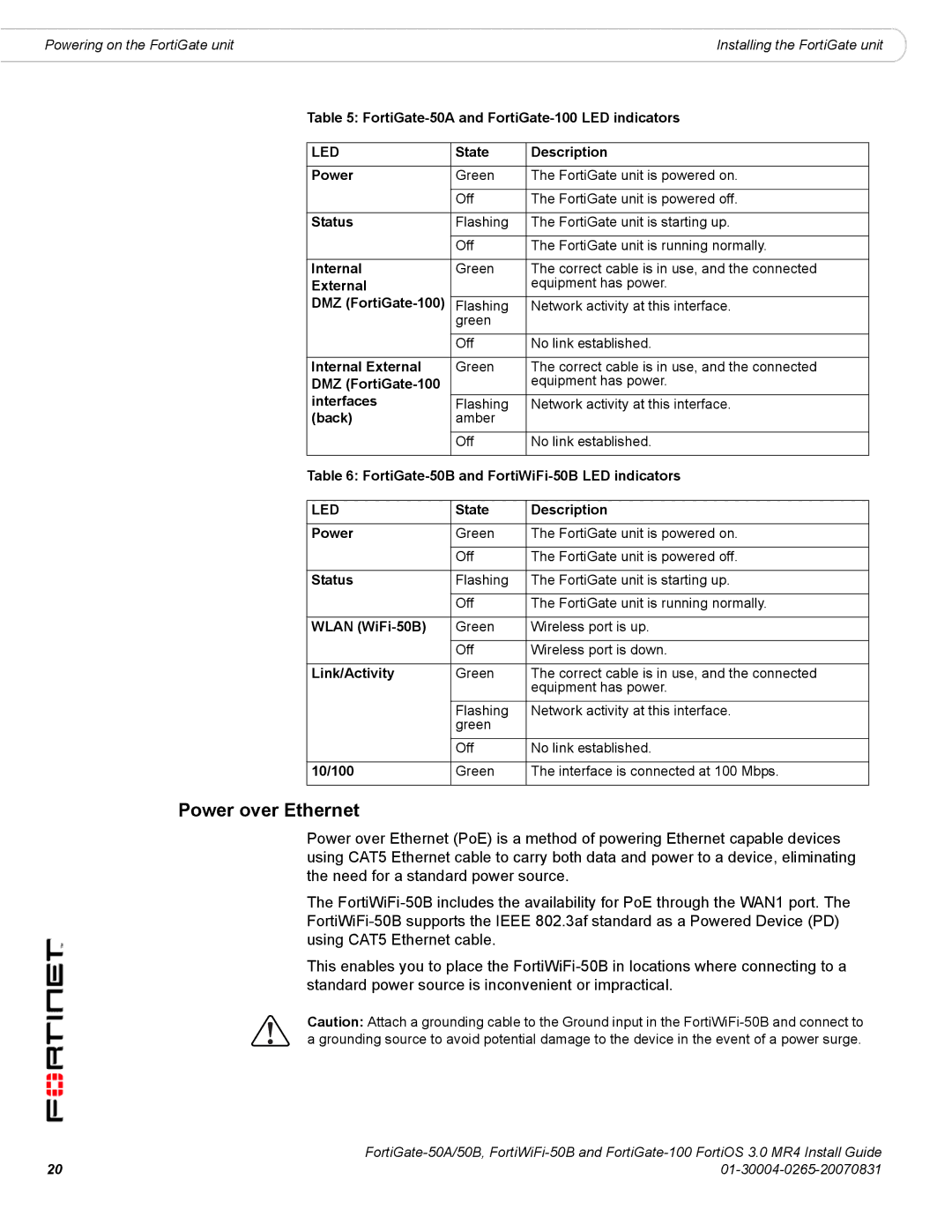 Fortinet 100, 50A/50B manual Power over Ethernet 