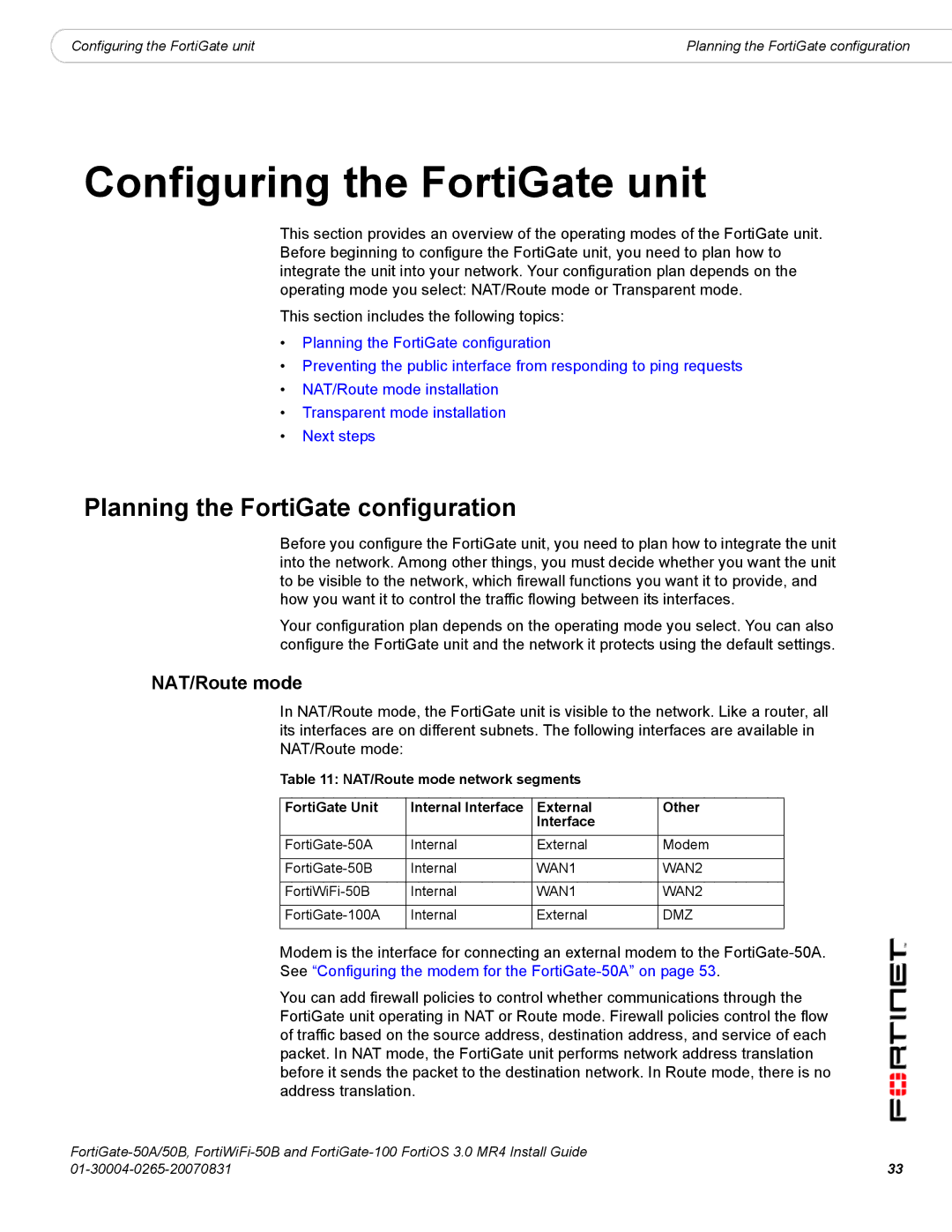 Fortinet 50A/50B, 100 manual Configuring the FortiGate unit, Planning the FortiGate configuration, NAT/Route mode 