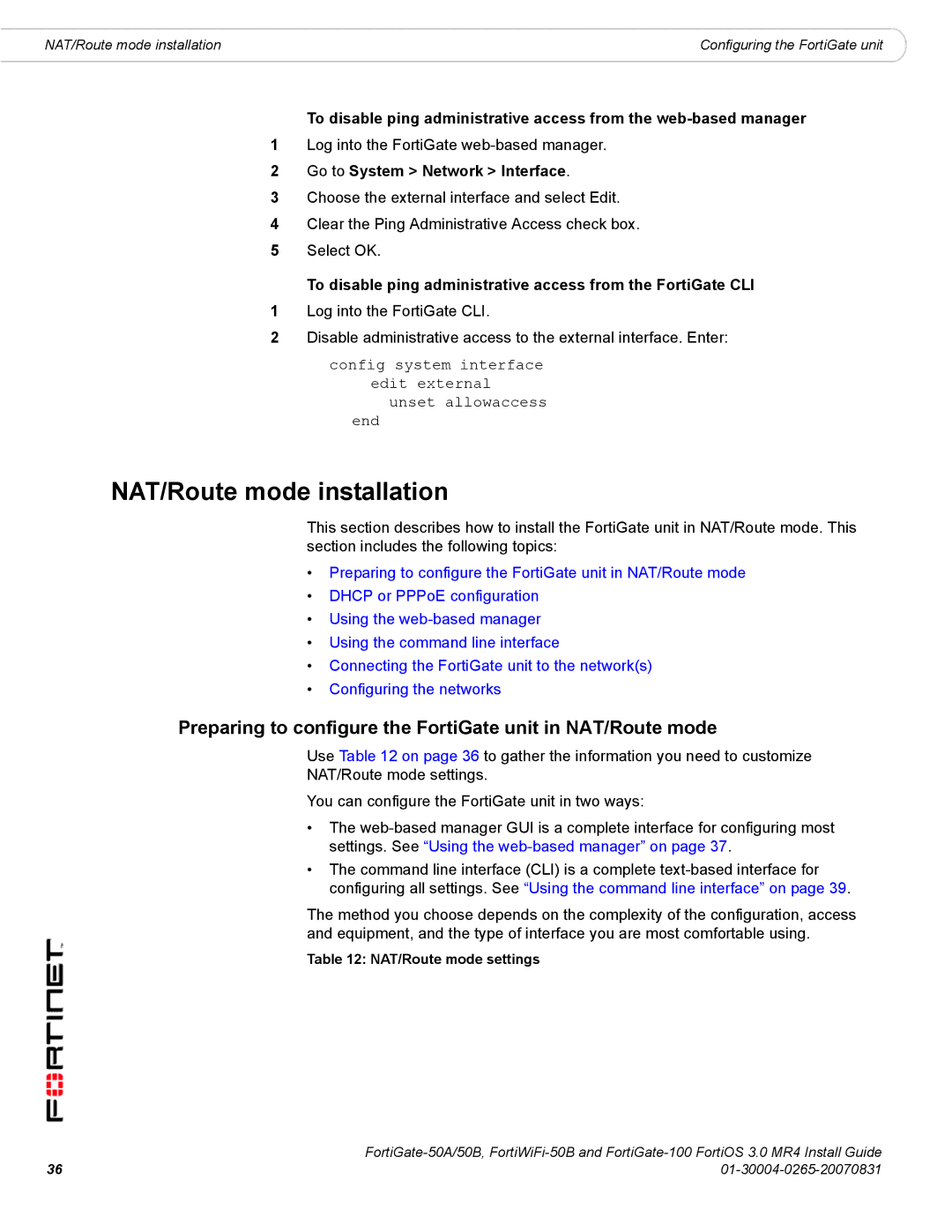 Fortinet 50A/50B, 100 manual NAT/Route mode installation, Preparing to configure the FortiGate unit in NAT/Route mode 