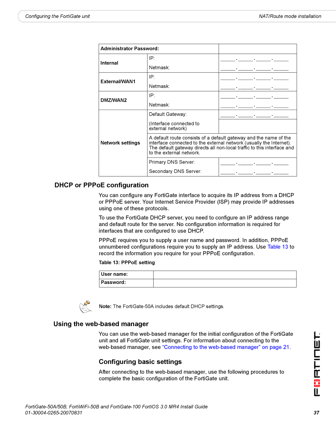 Fortinet 50A/50B, 100 manual Dhcp or PPPoE configuration, Using the web-based manager, Configuring basic settings 