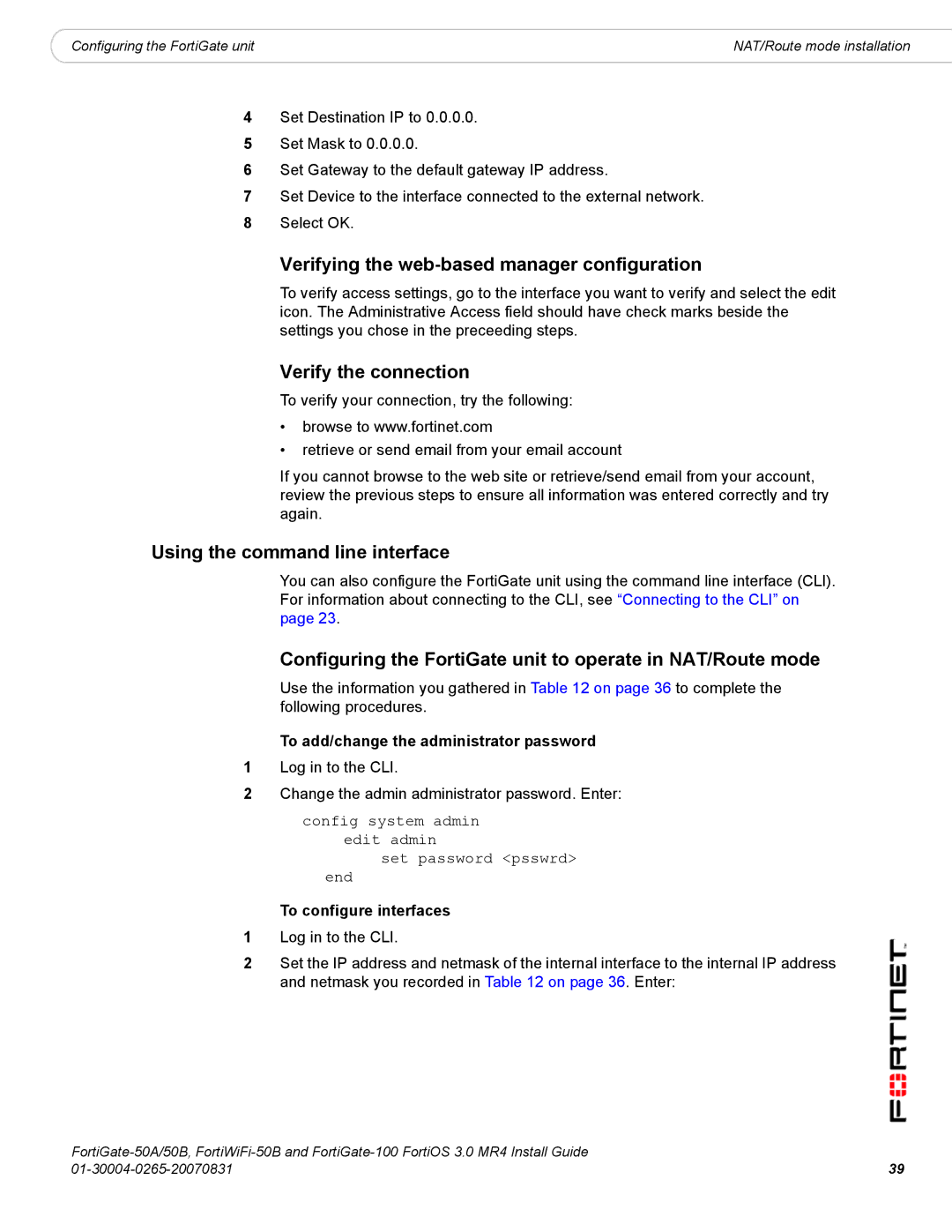 Fortinet 50A/50B Verifying the web-based manager configuration, Verify the connection, Using the command line interface 