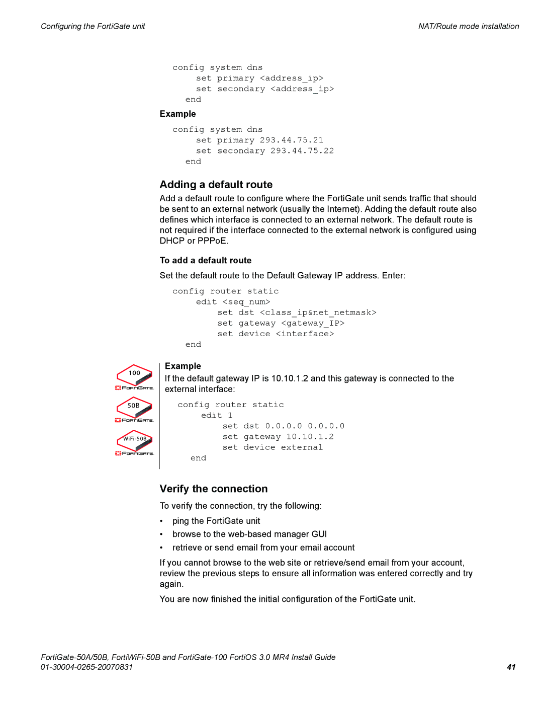 Fortinet 100, 50A/50B manual Adding a default route, To add a default route 