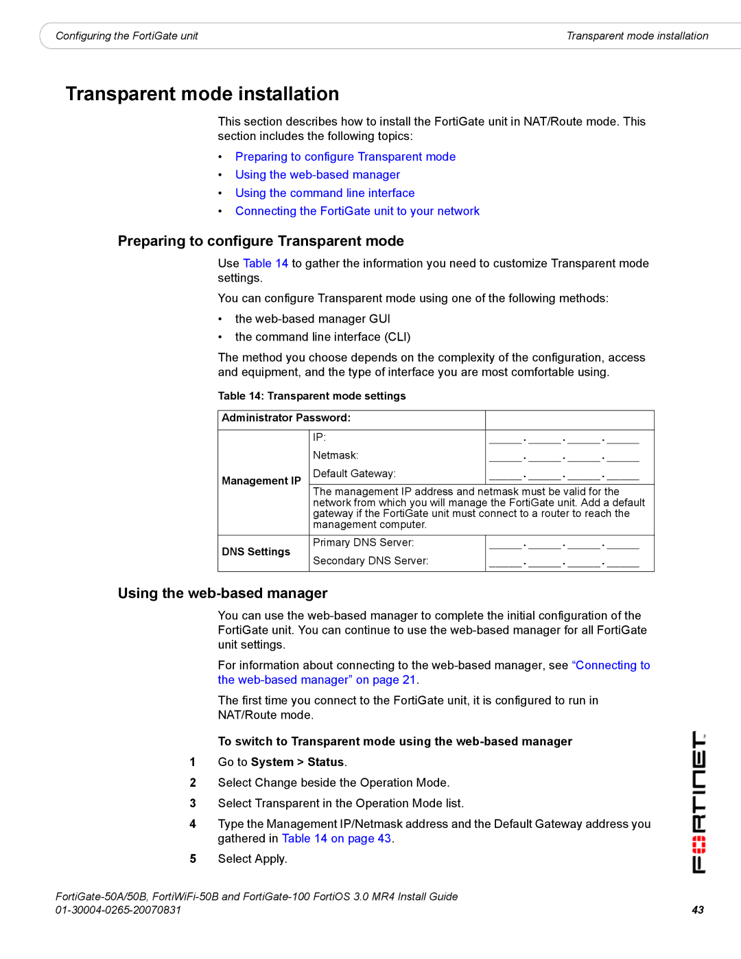 Fortinet 50A/50B, 100 manual Transparent mode installation, Preparing to configure Transparent mode, DNS Settings 