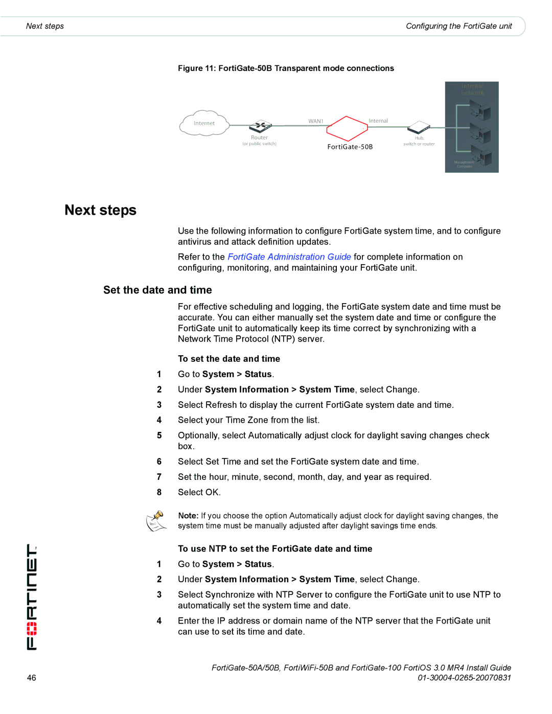 Fortinet 50A/50B, 100 manual Next steps, Set the date and time 