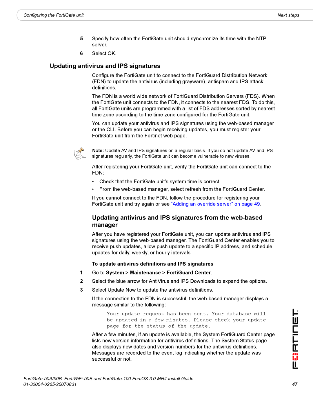 Fortinet 100, 50A/50B manual Updating antivirus and IPS signatures 