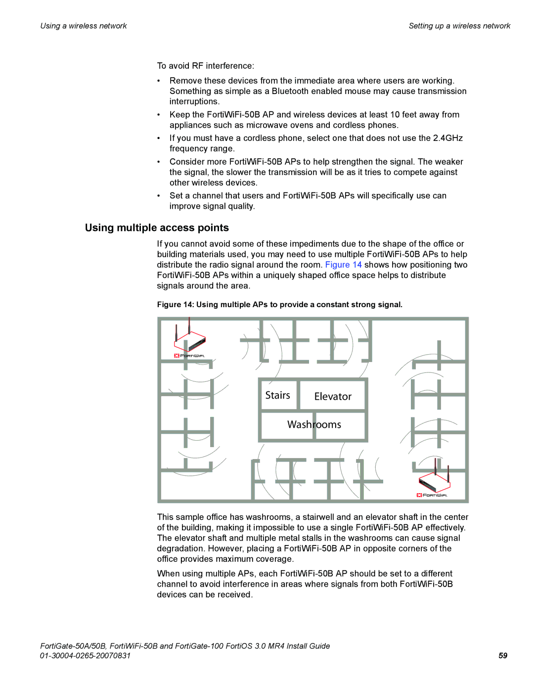 Fortinet 100, 50A/50B manual Using multiple access points, Using multiple APs to provide a constant strong signal 