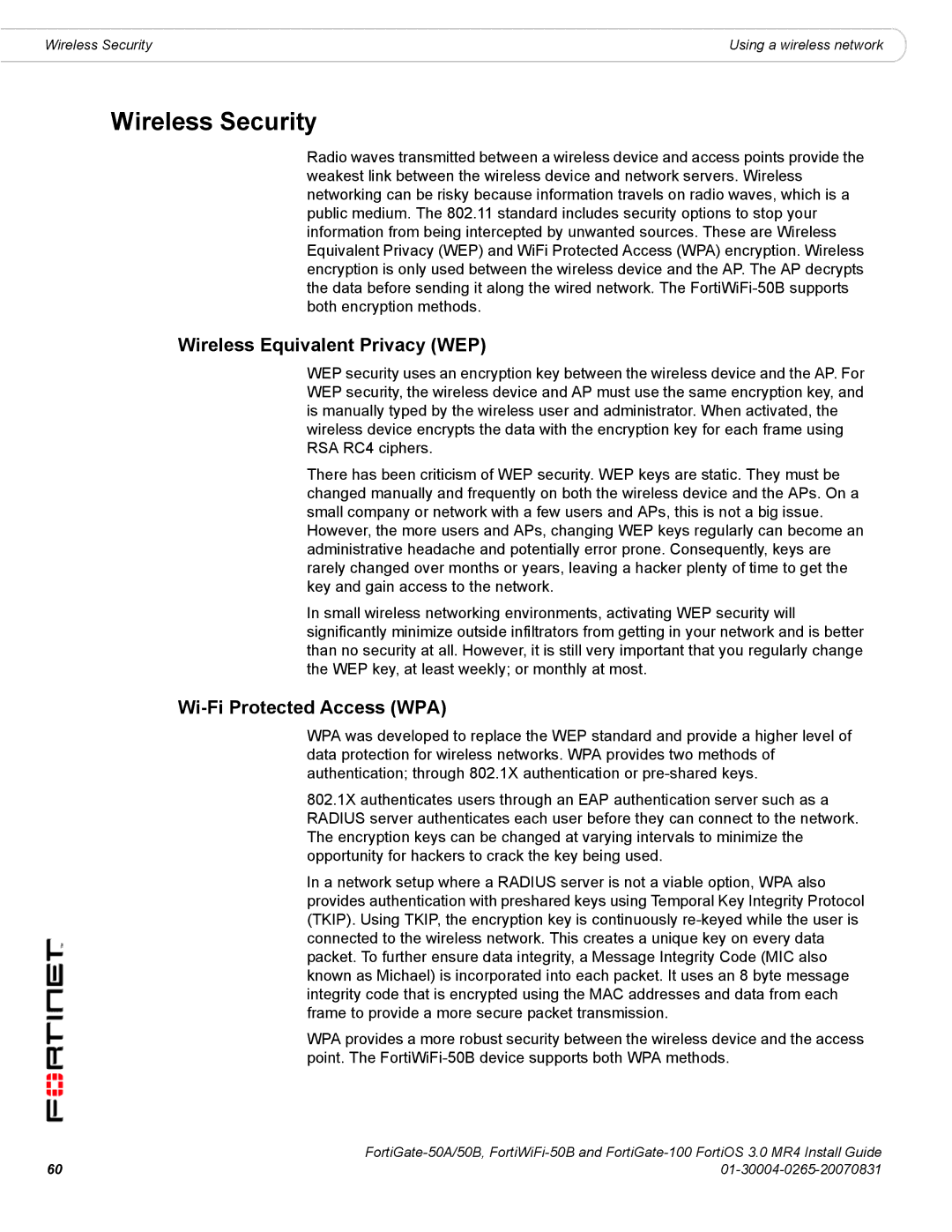 Fortinet 50A/50B, 100 manual Wireless Security, Wireless Equivalent Privacy WEP, Wi-Fi Protected Access WPA 