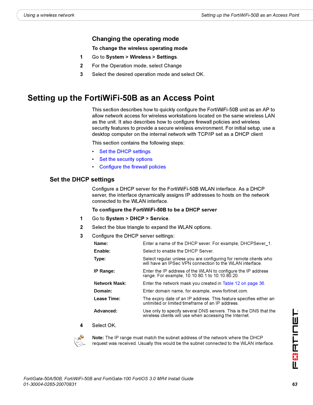 Fortinet 50A/50B, 100 Setting up the FortiWiFi-50B as an Access Point, Changing the operating mode, Set the Dhcp settings 