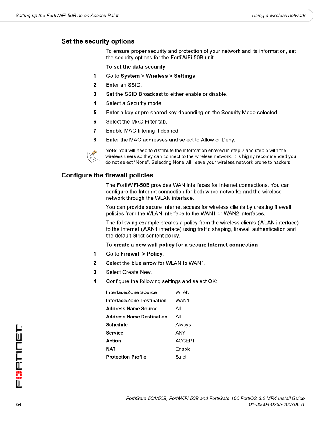 Fortinet 50A/50B, 100 manual Set the security options, Configure the firewall policies 