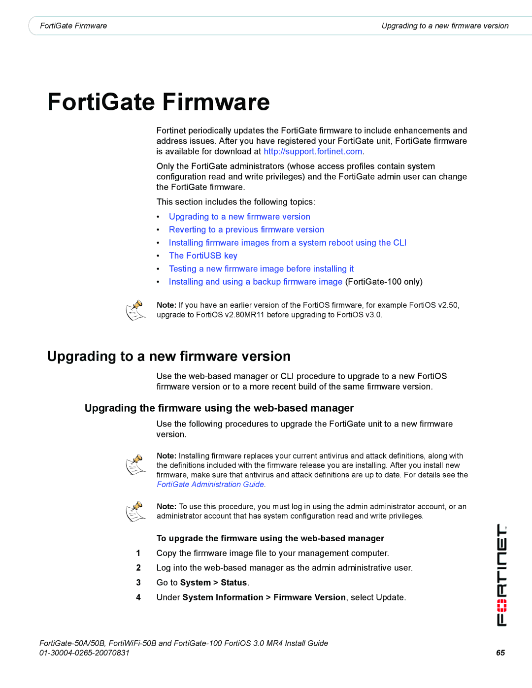 Fortinet 100 FortiGate Firmware, Upgrading to a new firmware version, Upgrading the firmware using the web-based manager 