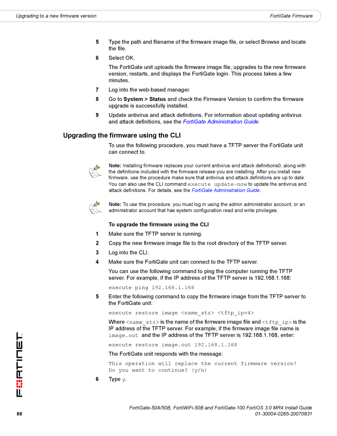 Fortinet 50A/50B, 100 manual Upgrading the firmware using the CLI, To upgrade the firmware using the CLI 