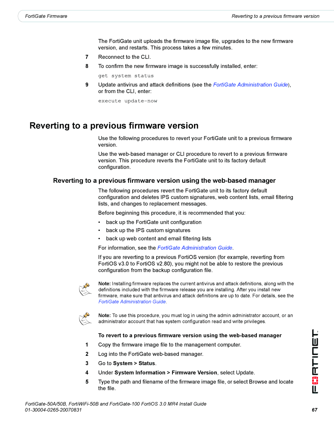 Fortinet 50A/50B, 100 Reverting to a previous firmware version, For information, see the FortiGate Administration Guide 