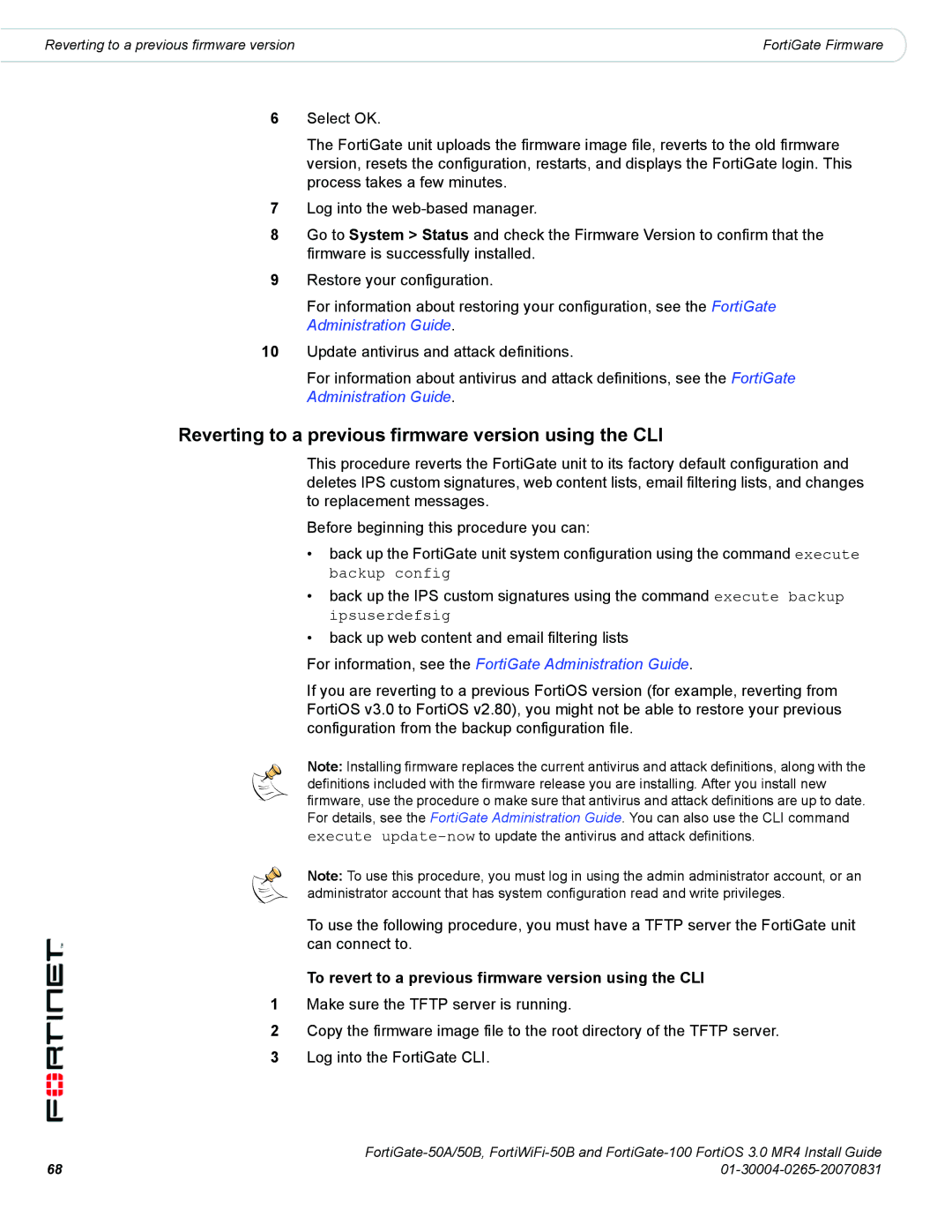 Fortinet 100, 50A/50B manual Reverting to a previous firmware version using the CLI 