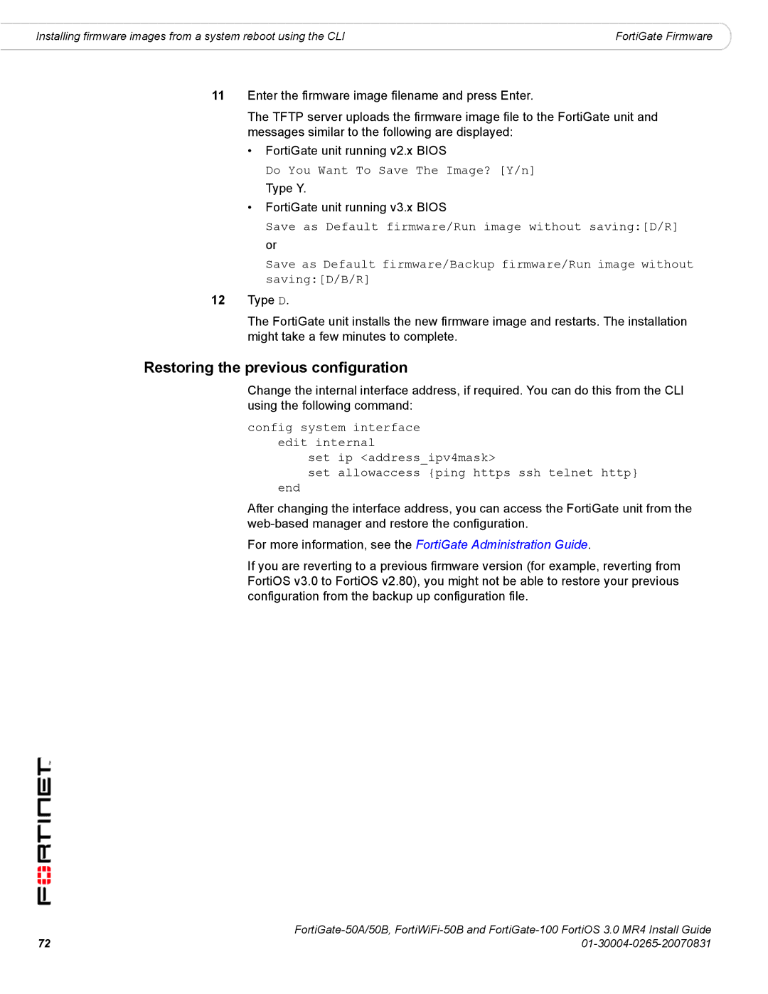 Fortinet 50A/50B, 100 manual Restoring the previous configuration 