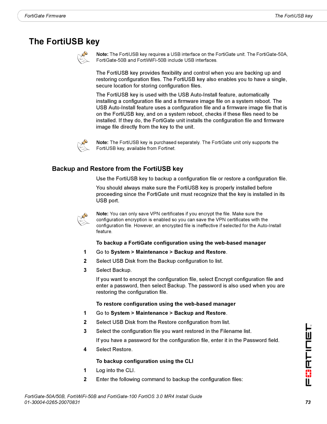 Fortinet 50A/50B, 100 manual Backup and Restore from the FortiUSB key, To backup configuration using the CLI 