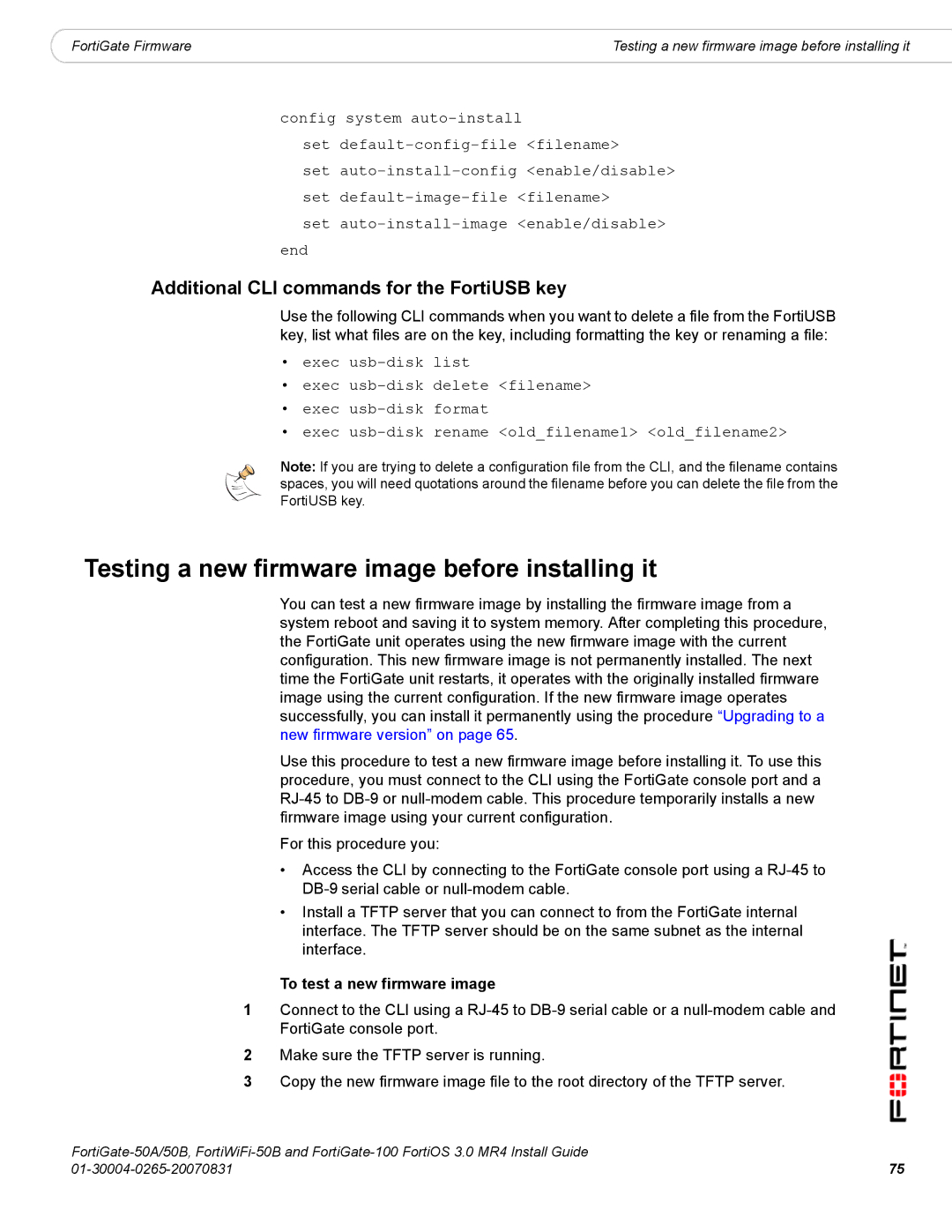 Fortinet 50A/50B, 100 manual Testing a new firmware image before installing it, Additional CLI commands for the FortiUSB key 