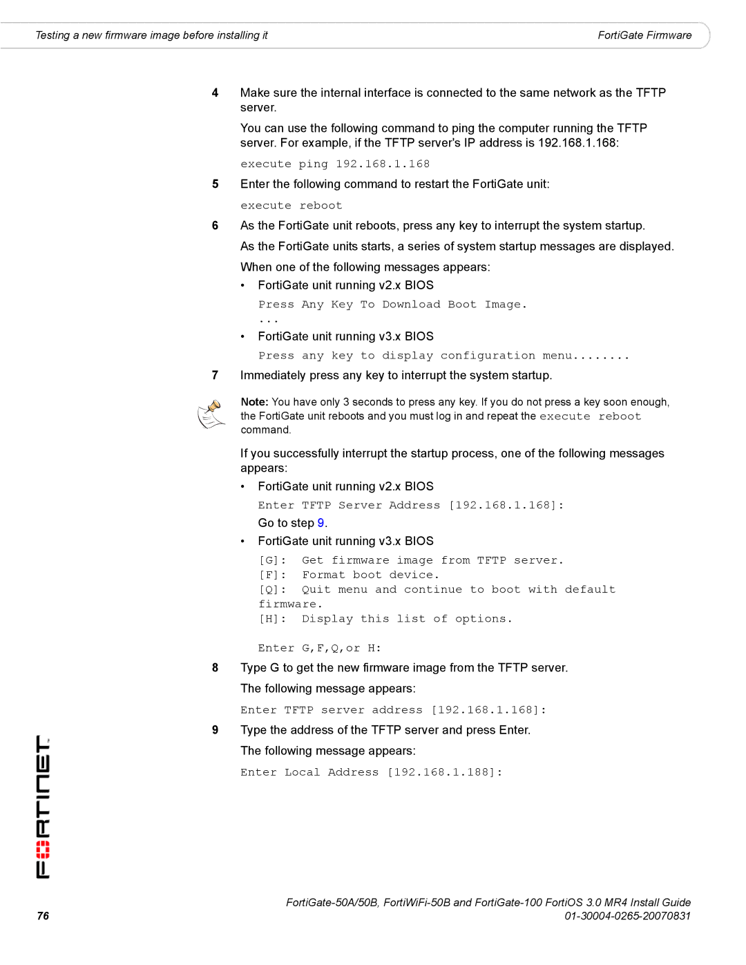 Fortinet 50A/50B, 100 manual Testing a new firmware image before installing it 