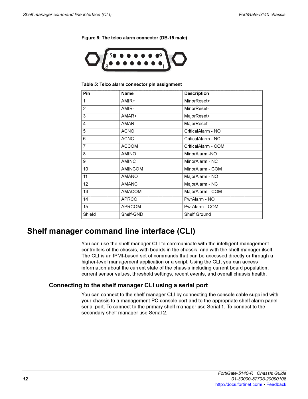 Fortinet 5140-R manual Shelf manager command line interface CLI, Connecting to the shelf manager CLI using a serial port 