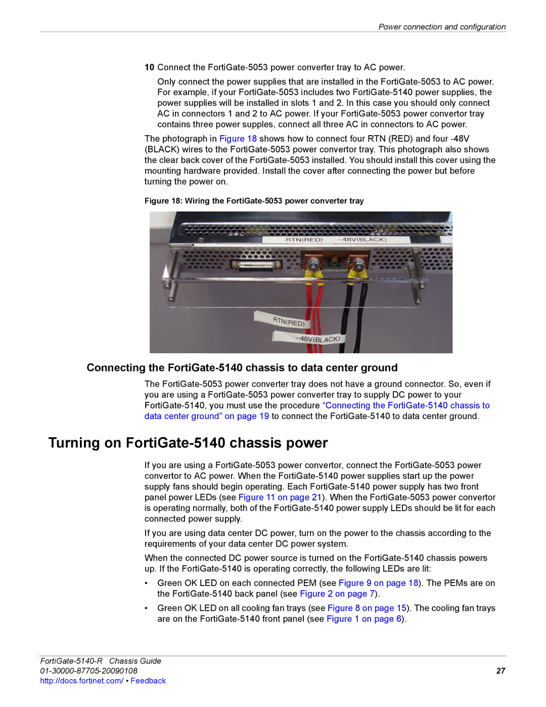 Fortinet 5140-R manual Turning on FortiGate-5140 chassis power, Wiring the FortiGate-5053 power converter tray 