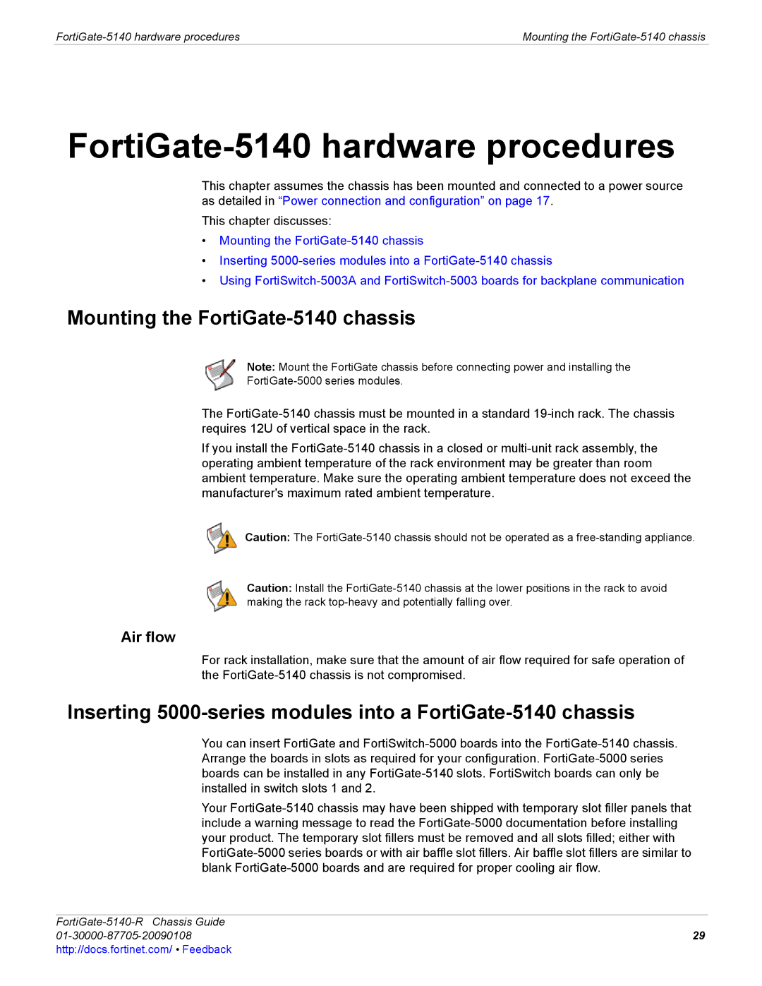 Fortinet 5140-R Mounting the FortiGate-5140 chassis, Inserting 5000-series modules into a FortiGate-5140 chassis, Air flow 