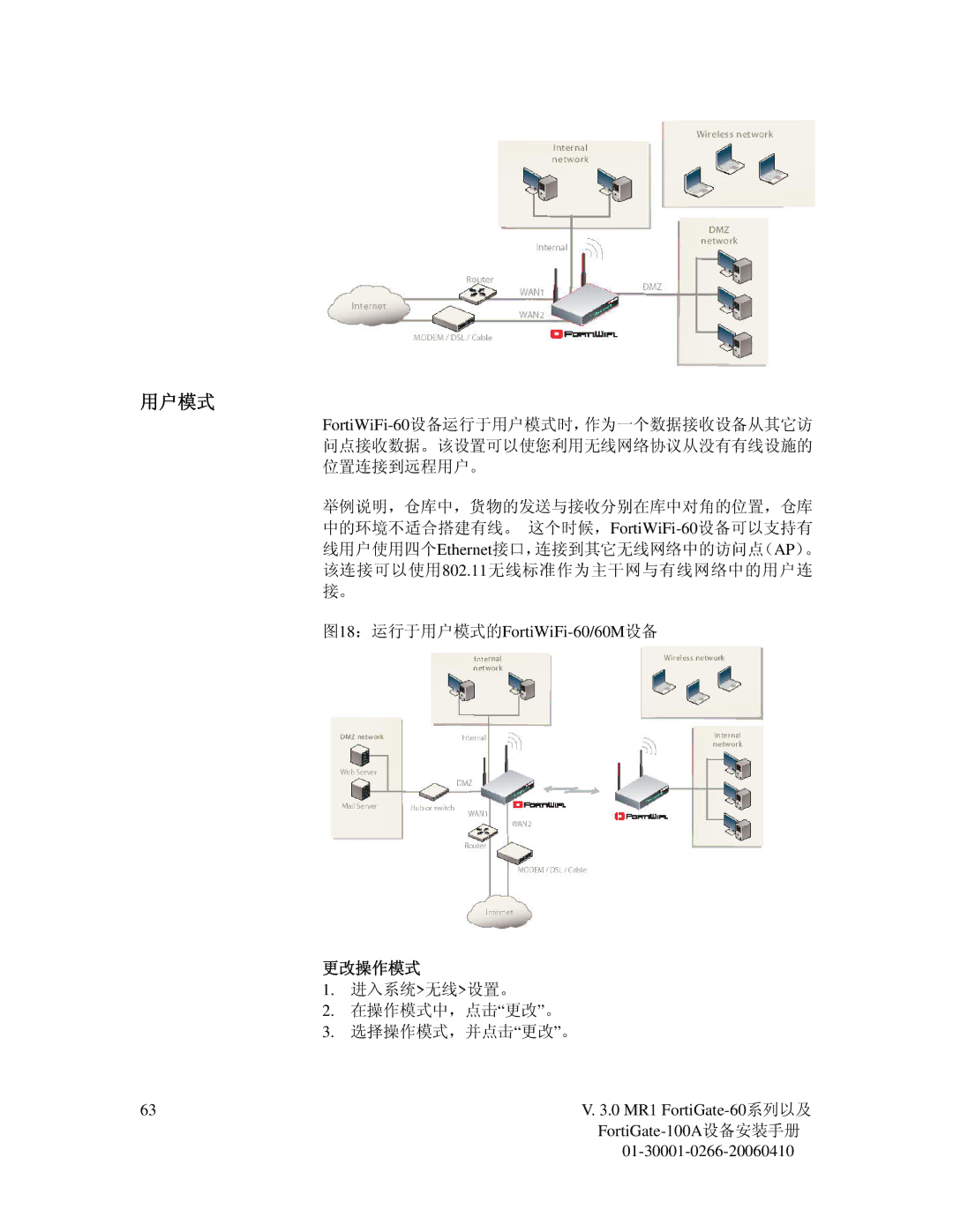 Fortinet manual 图18：运行于用户模式的FortiWiFi-60/60M设备, 更改操作模式 