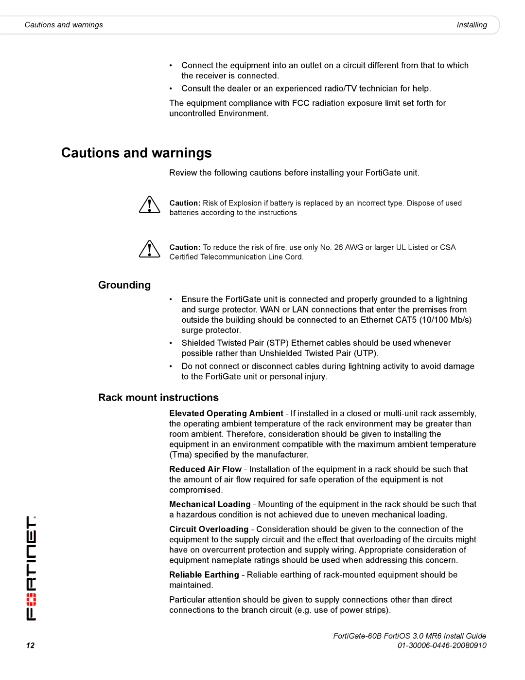 Fortinet 60B manual Grounding, Rack mount instructions 