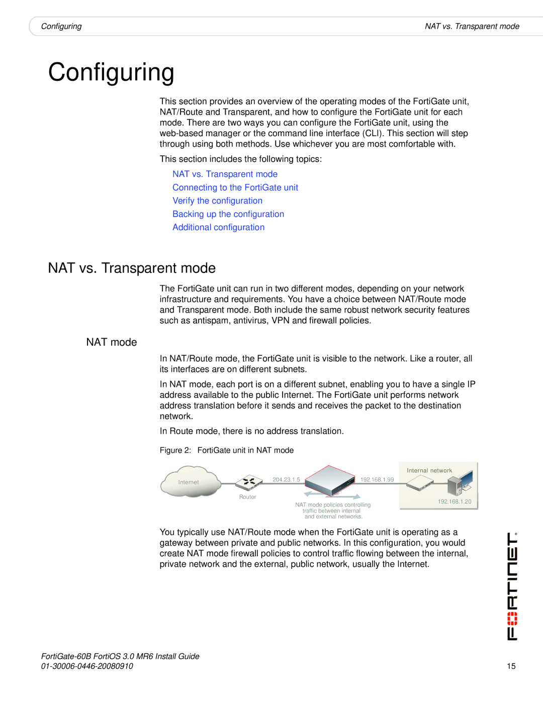 Fortinet 60B manual NAT vs. Transparent mode, NAT mode 