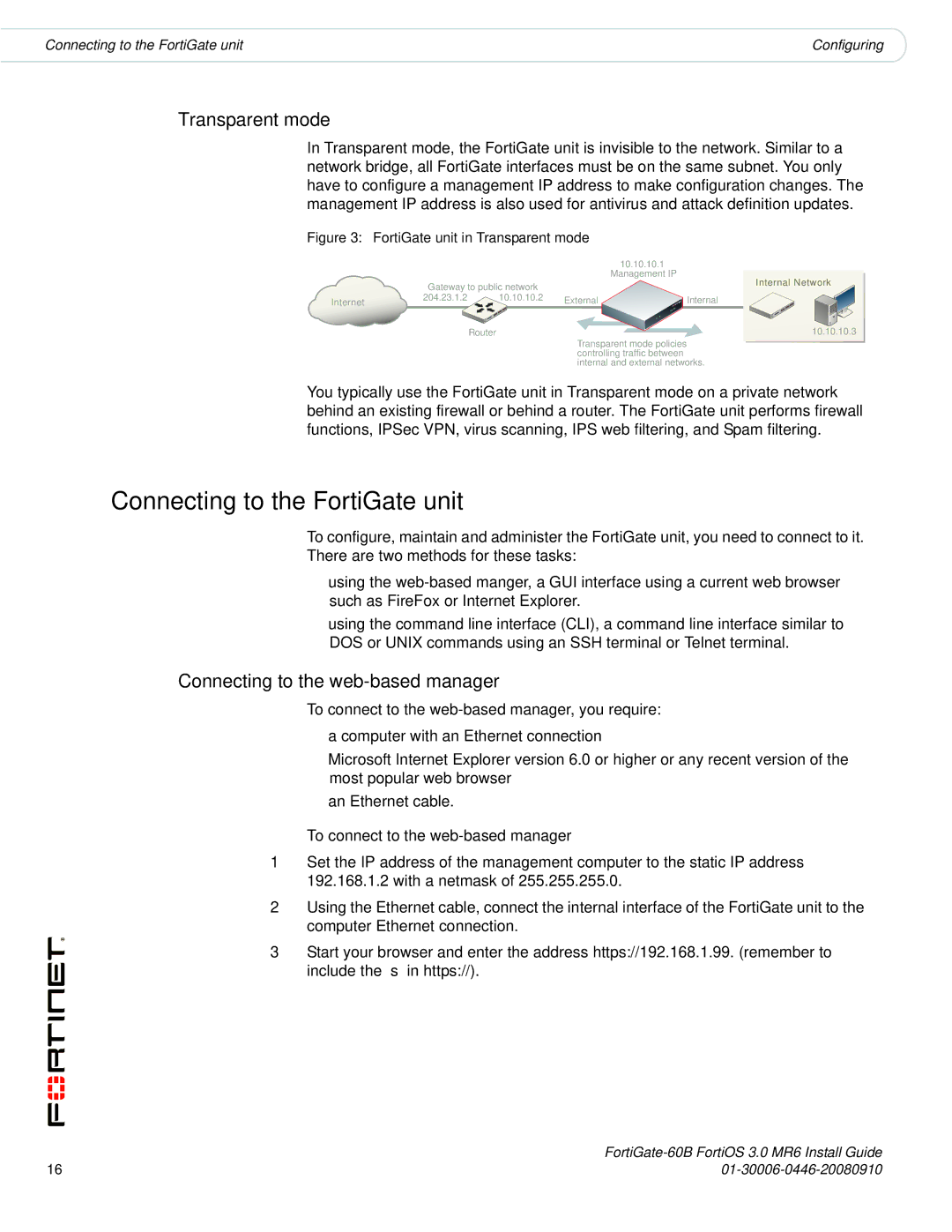 Fortinet 60B manual Connecting to the FortiGate unit, Transparent mode, Connecting to the web-based manager 