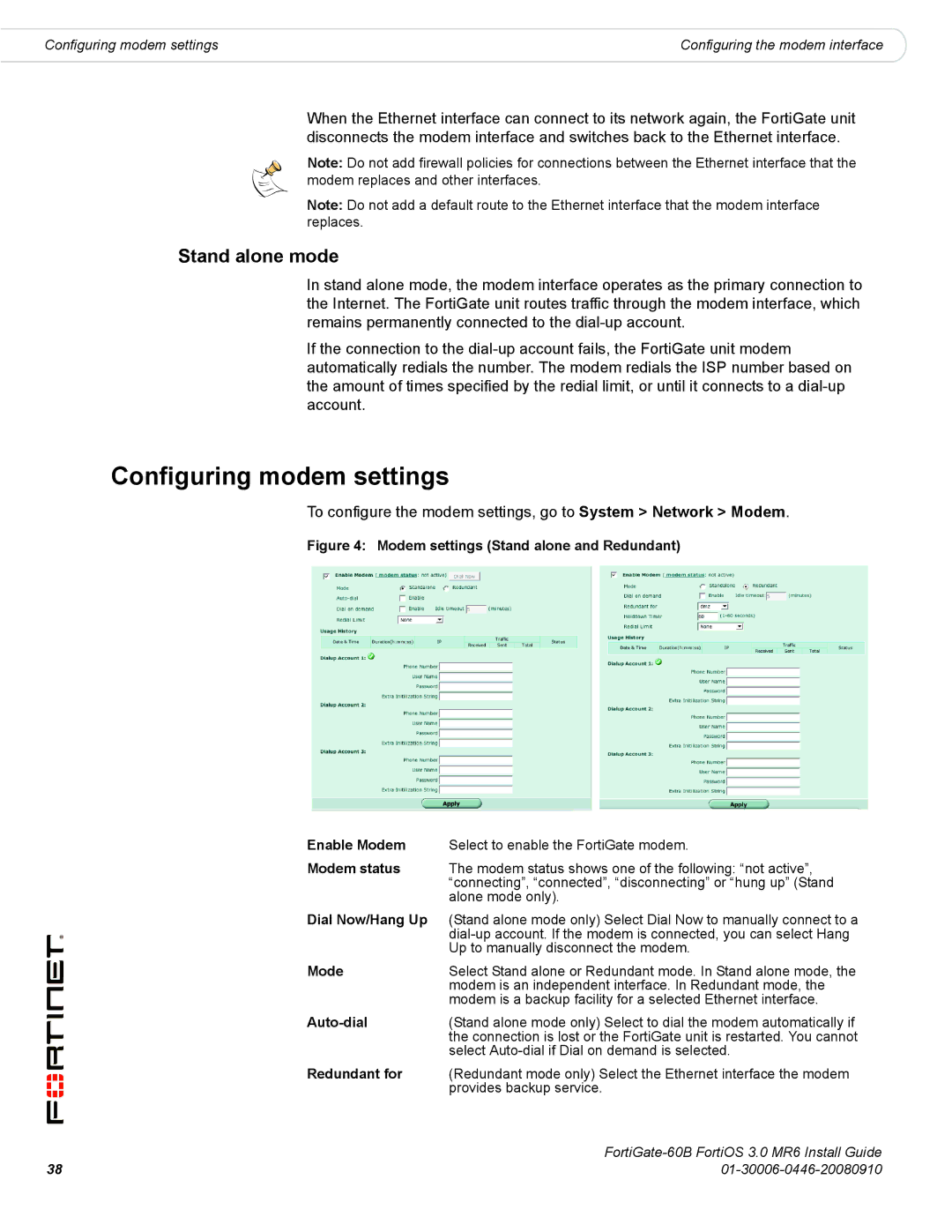 Fortinet 60B manual Configuring modem settings, Stand alone mode 