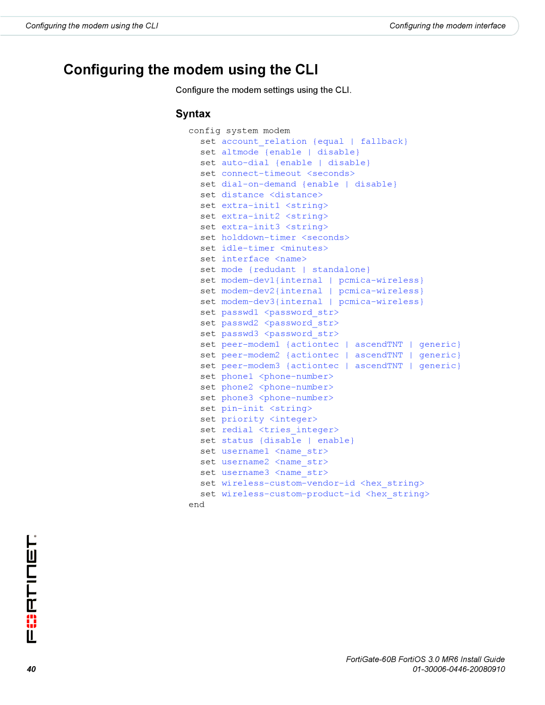 Fortinet 60B manual Configuring the modem using the CLI, Syntax 