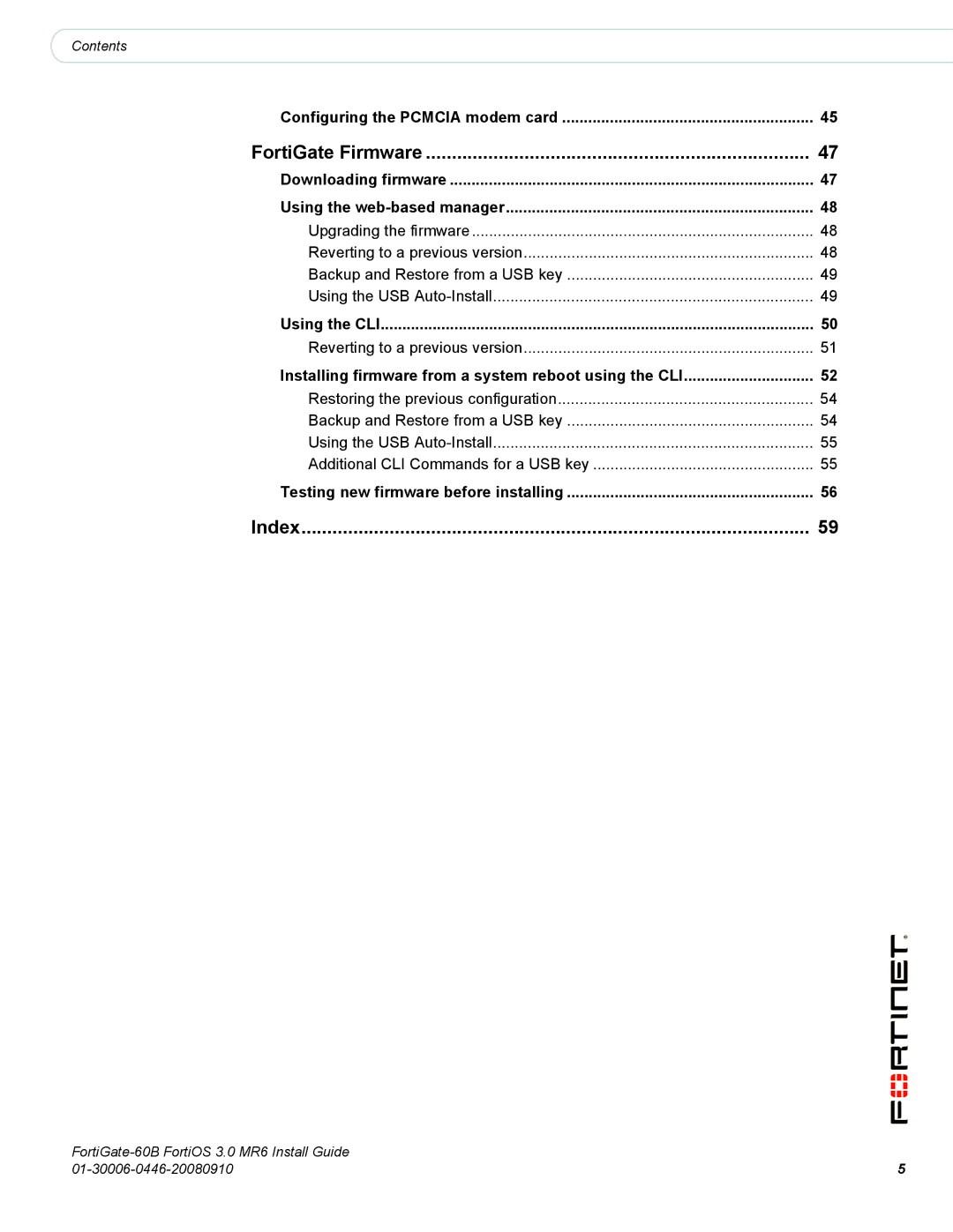 Fortinet 60B manual FortiGate Firmware, Index 