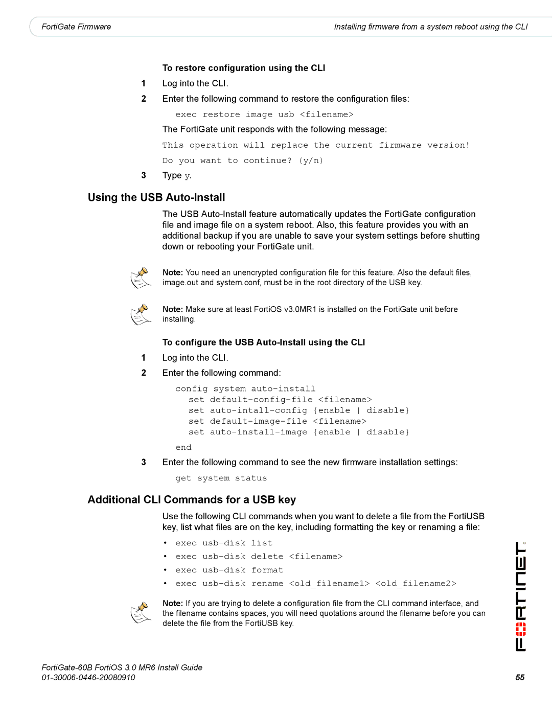 Fortinet 60B manual Additional CLI Commands for a USB key, To restore configuration using the CLI 