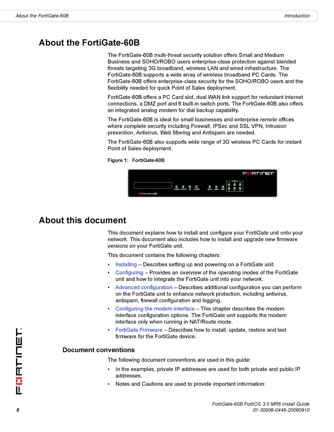 Fortinet manual About the FortiGate-60B, About this document, Document conventions 