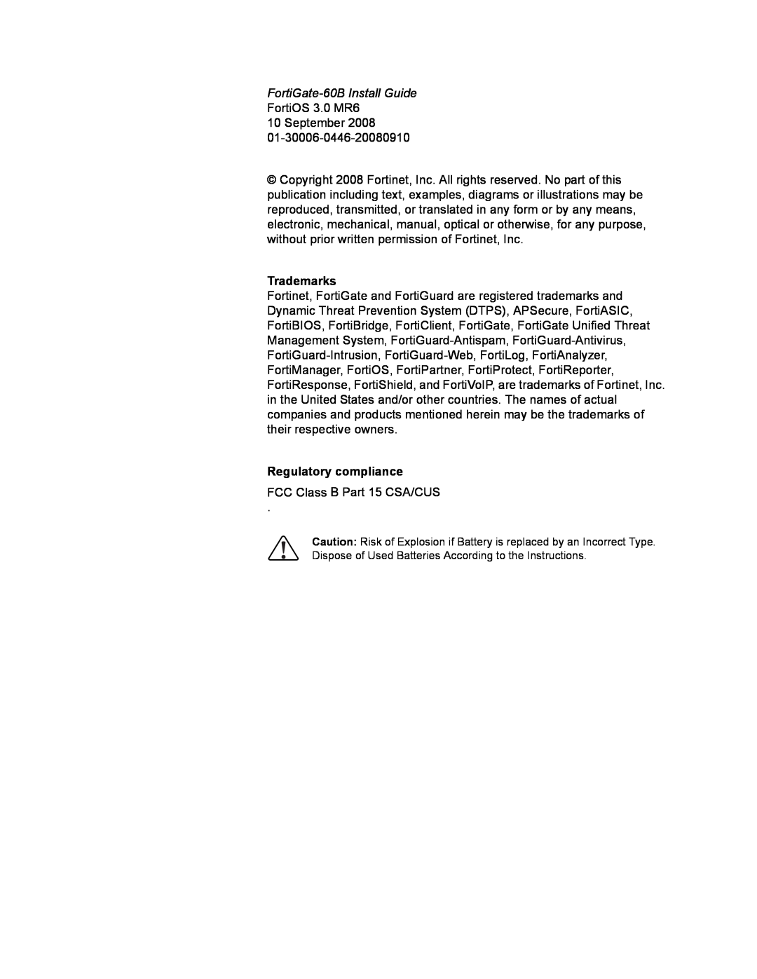 Fortinet manual FortiGate-60B Install Guide, Trademarks, Regulatory compliance 
