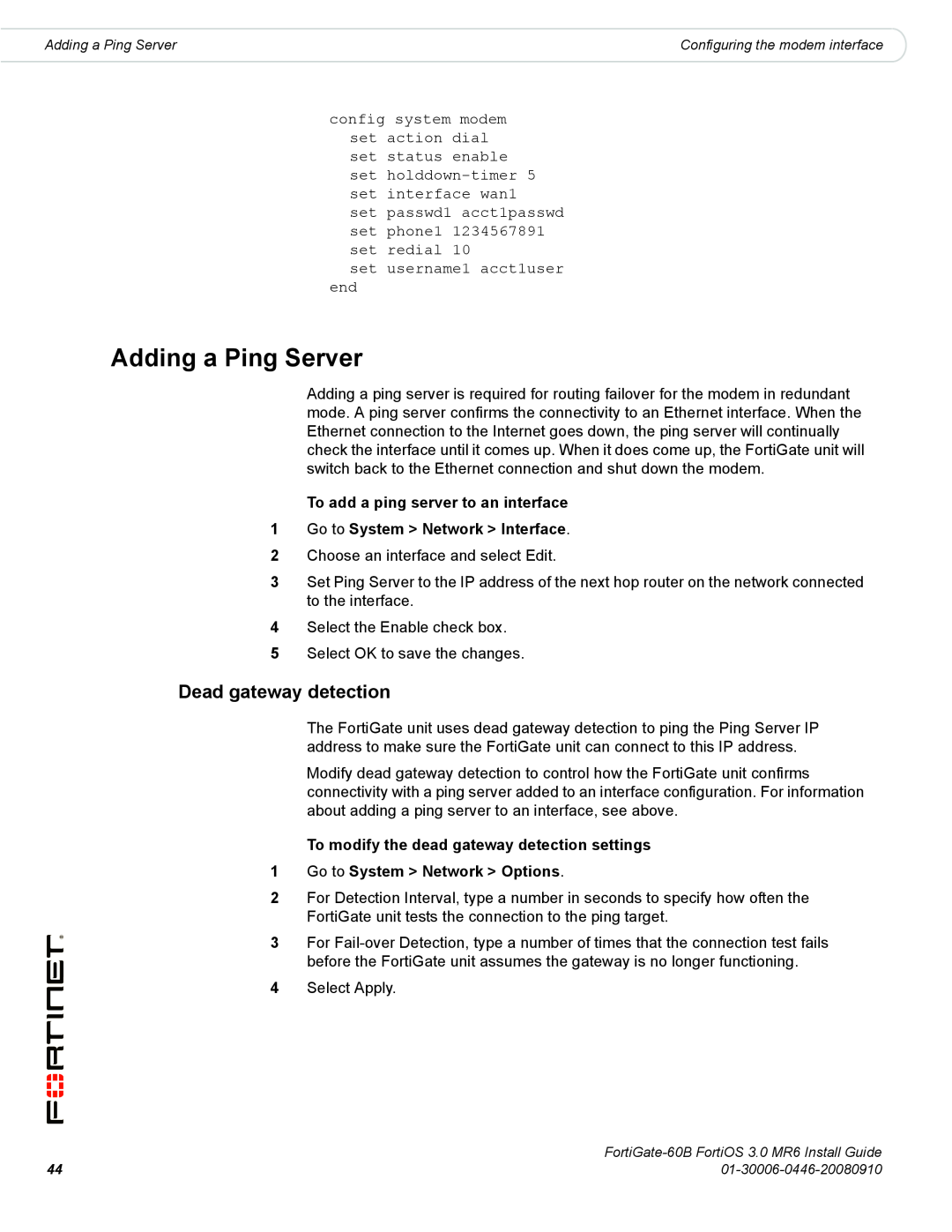 Fortinet 60B manual Adding a Ping Server, Dead gateway detection, To add a ping server to an interface 