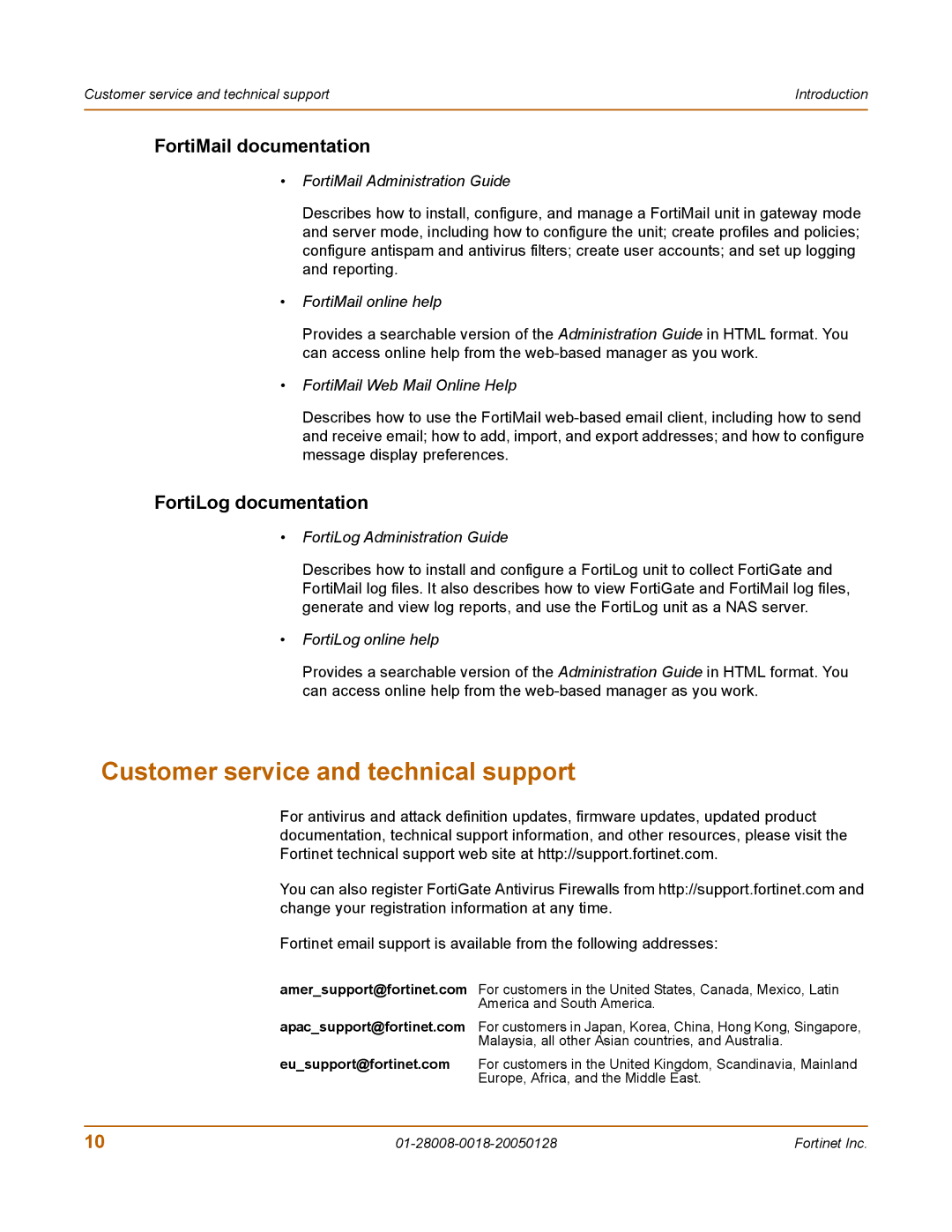 Fortinet 60c manual Customer service and technical support, FortiMail documentation, FortiLog documentation 