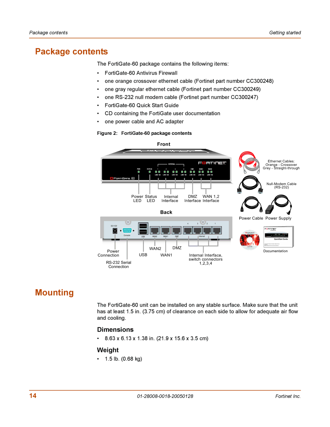 Fortinet 60c manual Package contents, Mounting 