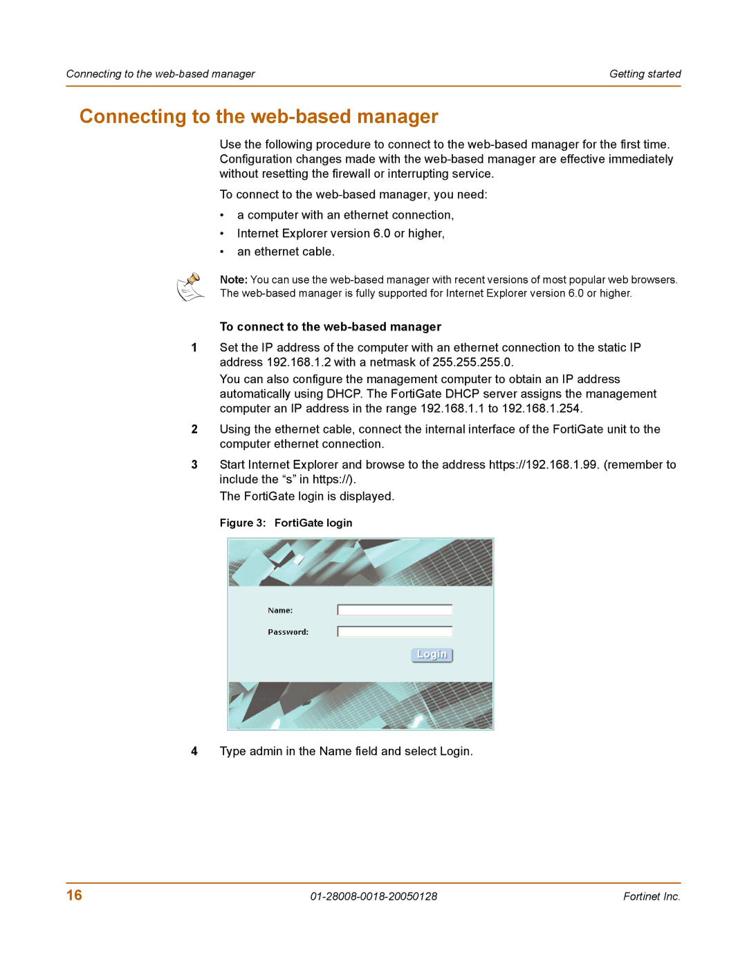 Fortinet 60c manual Connecting to the web-based manager, To connect to the web-based manager 