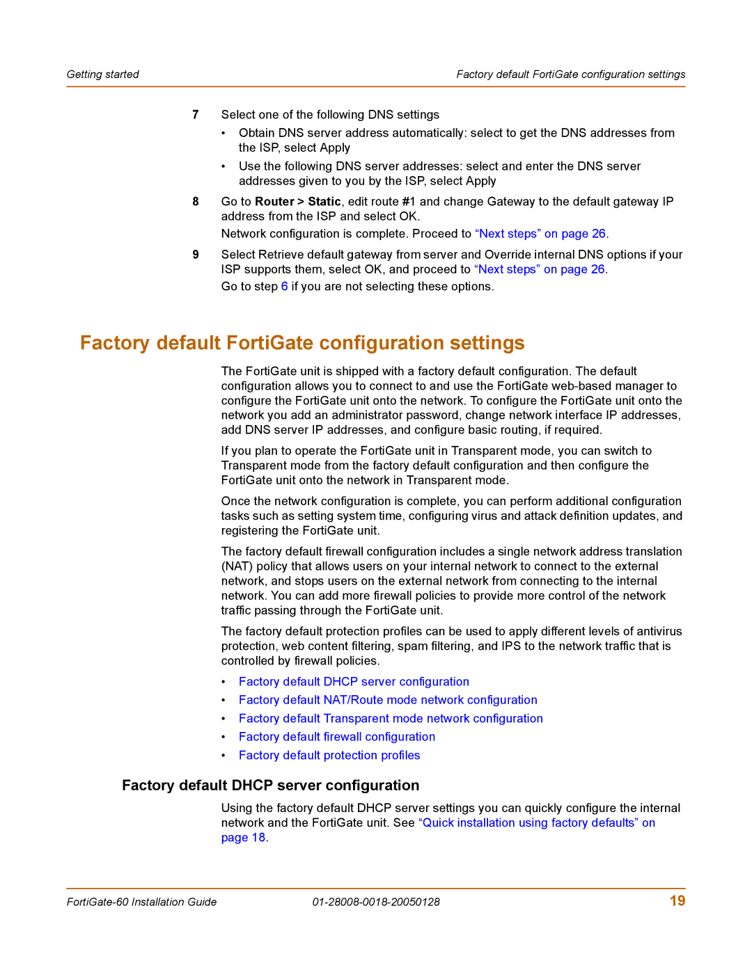 Fortinet 60c manual Factory default FortiGate configuration settings, Factory default Dhcp server configuration 