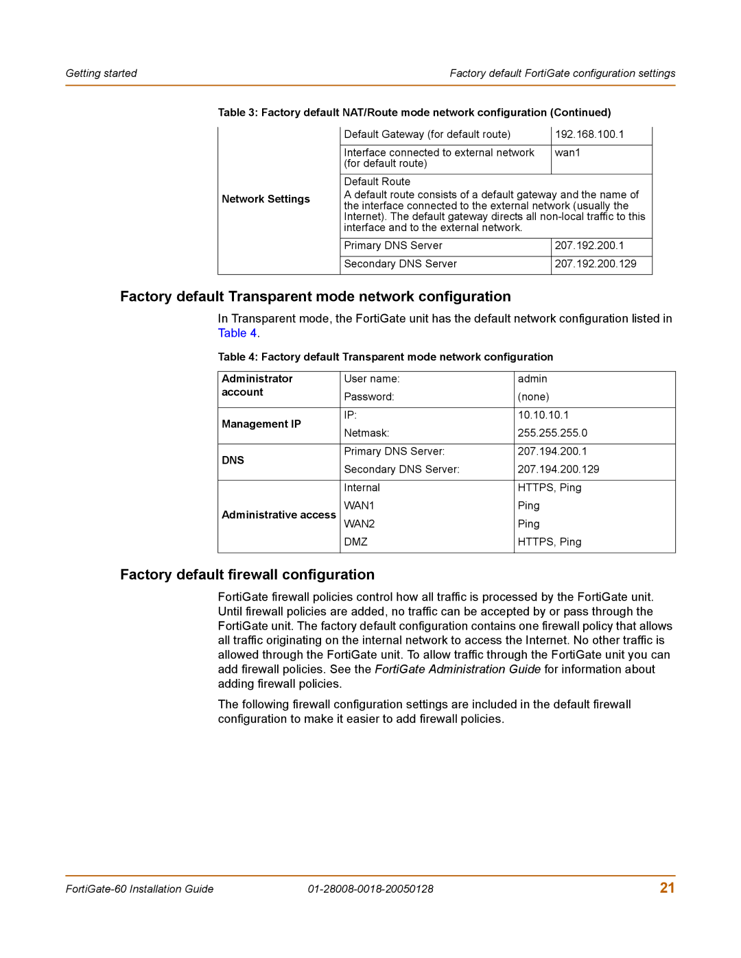 Fortinet 60c Factory default Transparent mode network configuration, Factory default firewall configuration, Management IP 