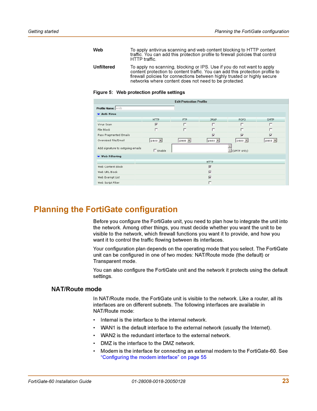 Fortinet 60c manual Planning the FortiGate configuration, NAT/Route mode 