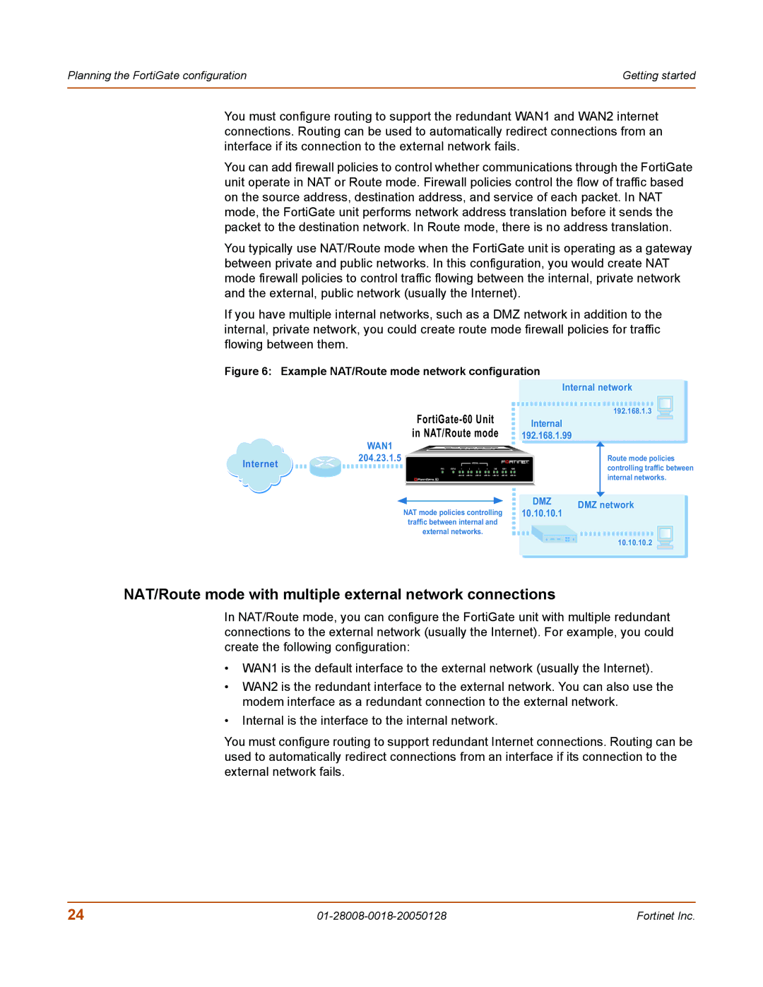 Fortinet 60c manual NAT/Route mode with multiple external network connections, Example NAT/Route mode network configuration 