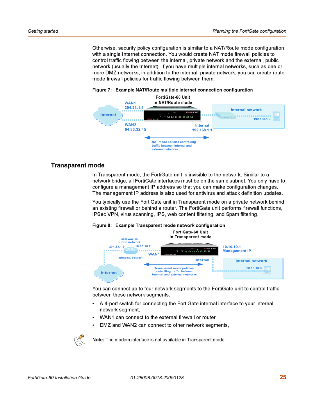 Fortinet 60c manual Transparent mode, Example NAT/Route multiple internet connection configuration 