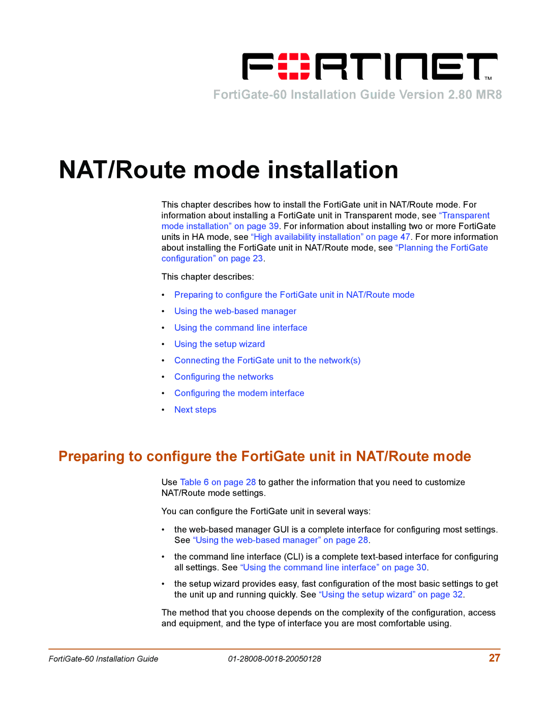 Fortinet 60c manual NAT/Route mode installation, Preparing to configure the FortiGate unit in NAT/Route mode 