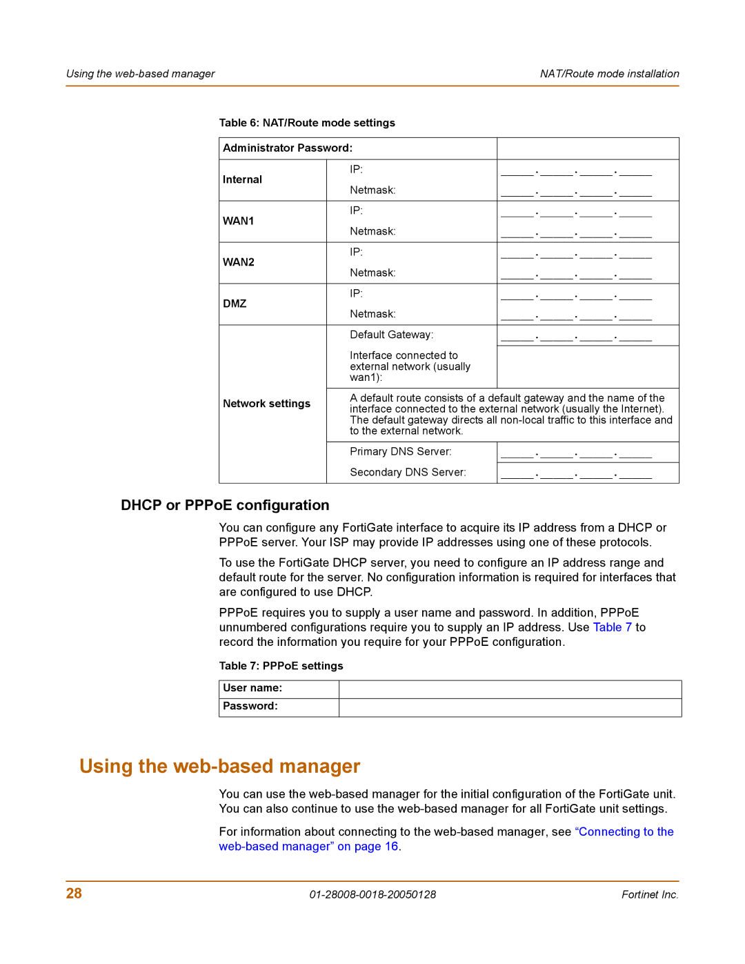 Fortinet 60c manual Using the web-based manager, Dhcp or PPPoE configuration, PPPoE settings User name Password 