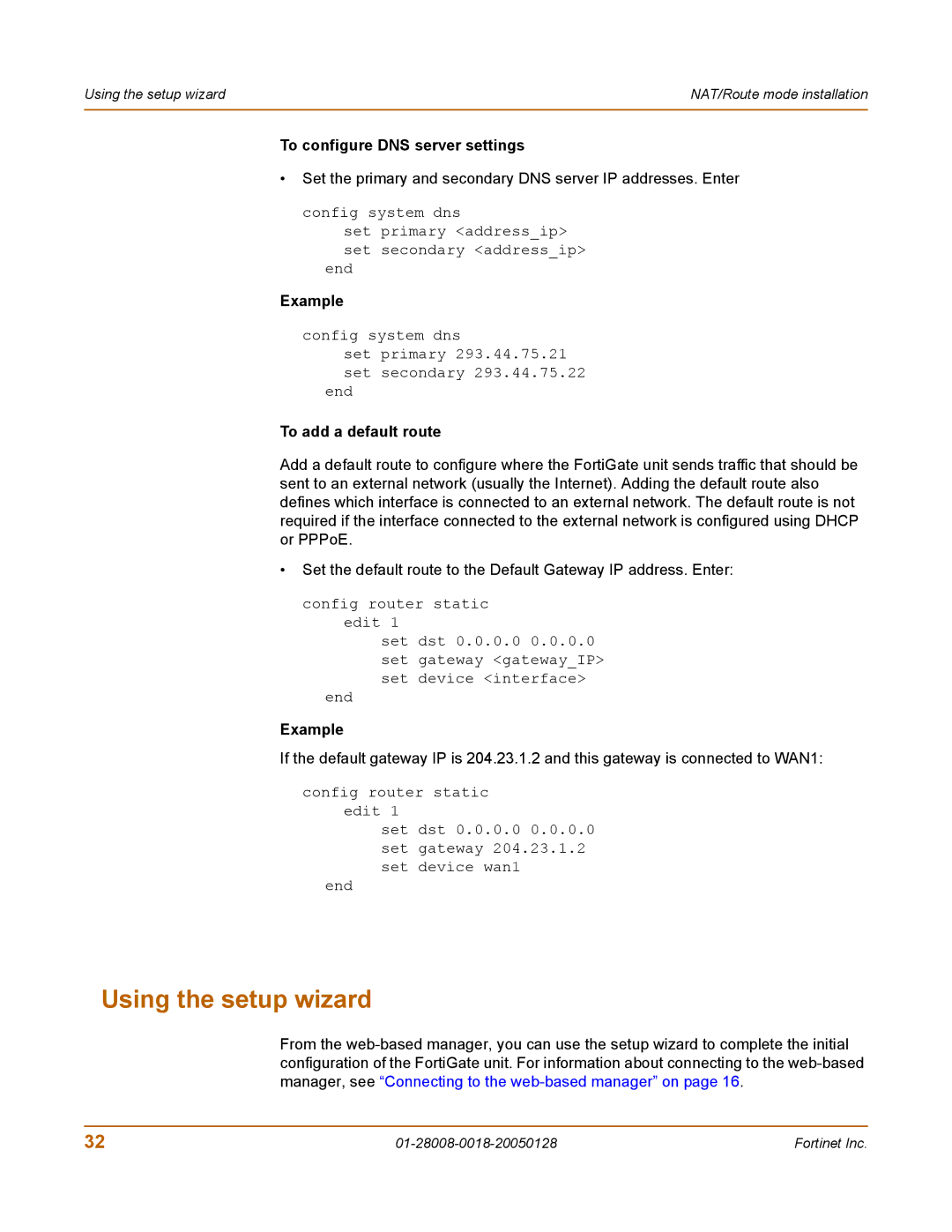 Fortinet 60c manual Using the setup wizard, To configure DNS server settings 