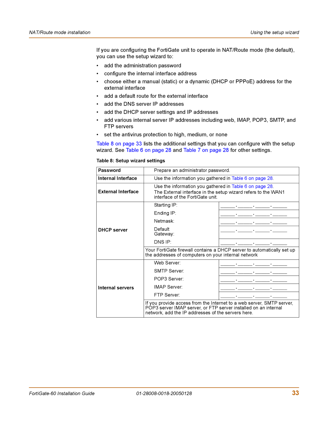 Fortinet 60c manual Setup wizard settings Password, External Interface, Dhcp server, Internal servers 