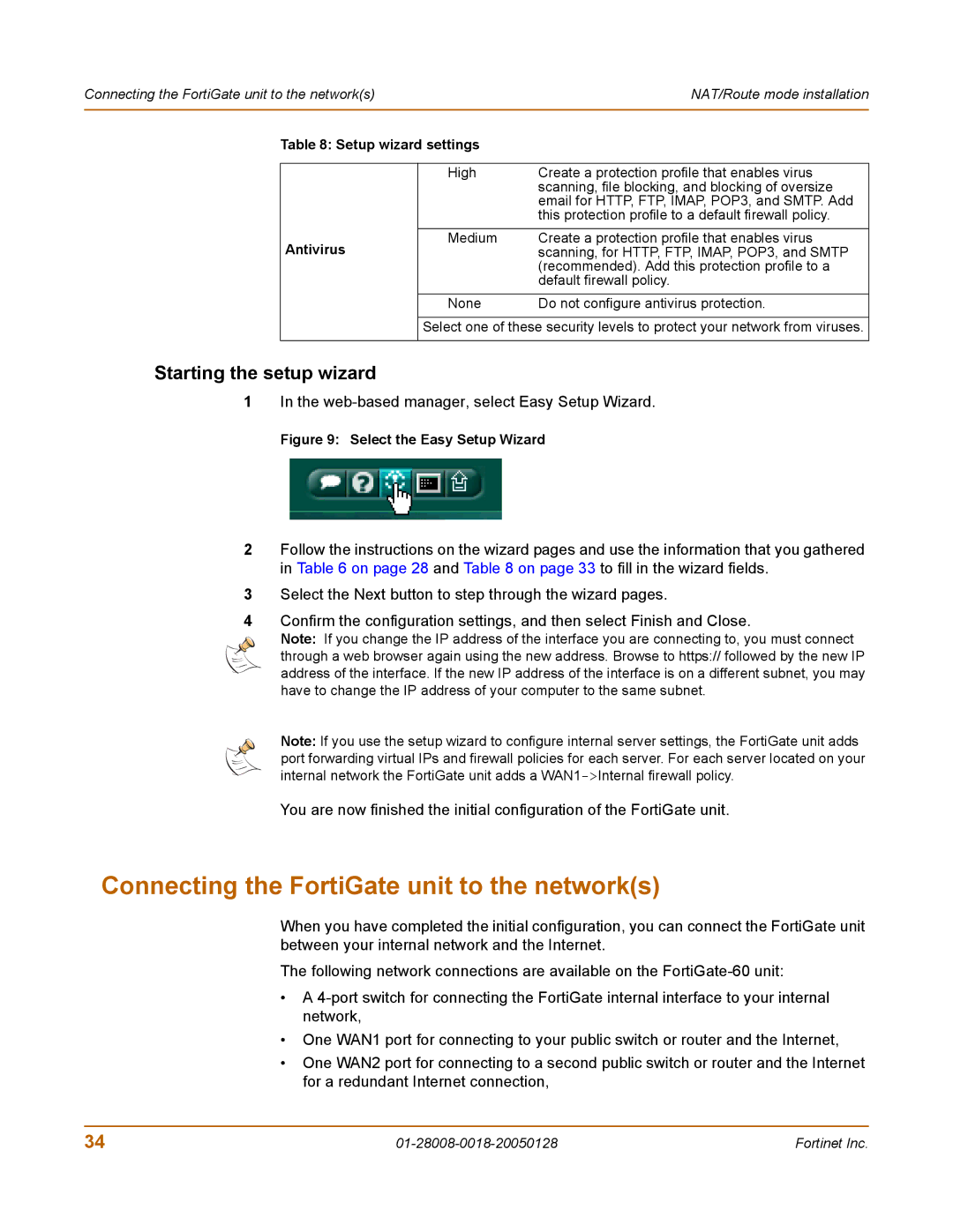 Fortinet 60c Connecting the FortiGate unit to the networks, Starting the setup wizard, Setup wizard settings Antivirus 