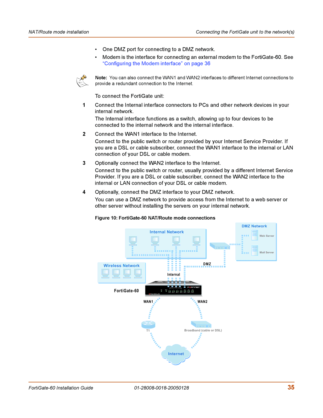 Fortinet 60c manual FortiGate-60 NAT/Route mode connections 