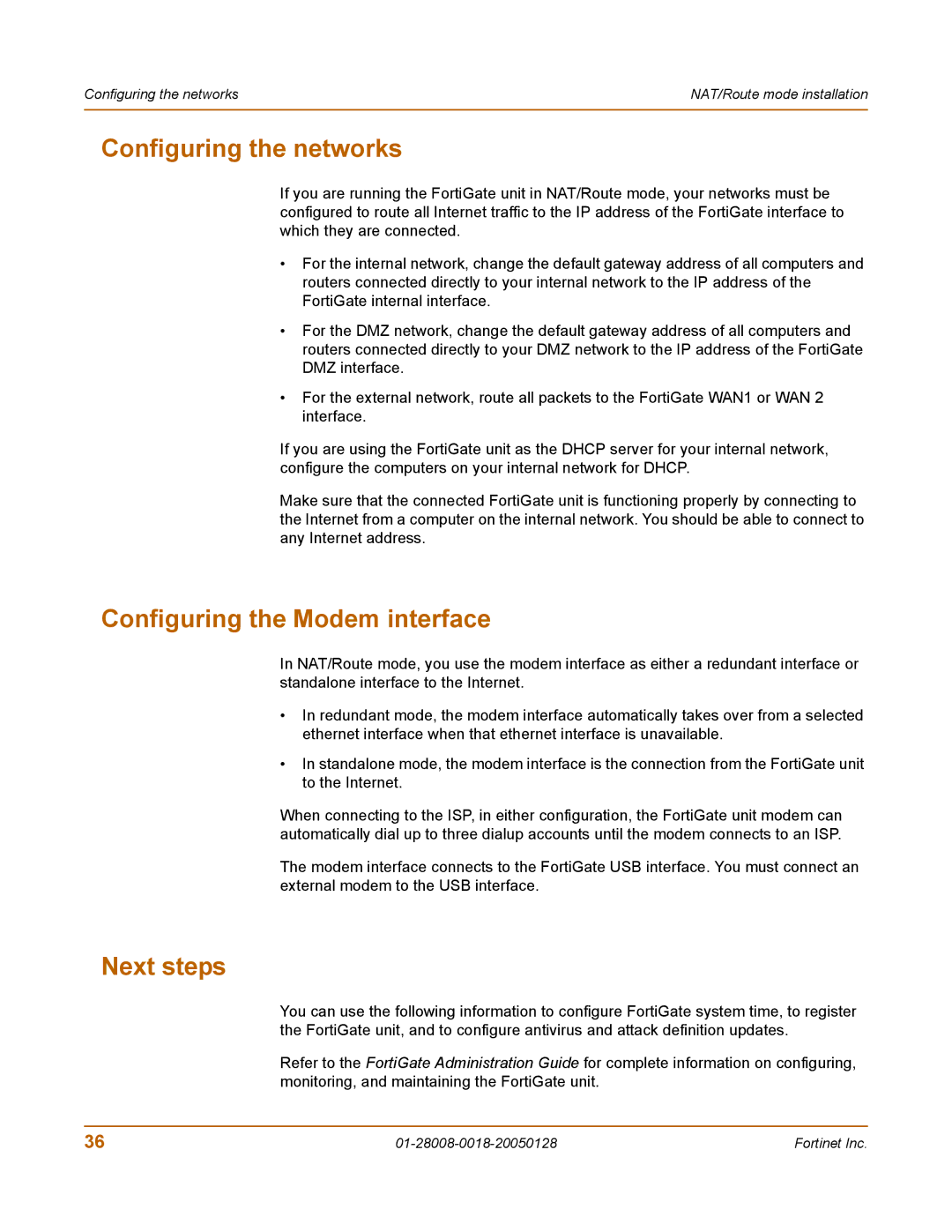 Fortinet 60c manual Configuring the networks, Configuring the Modem interface 